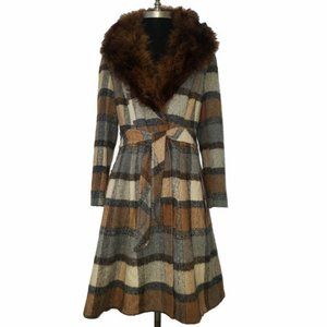 Vtg 70s Plaid Tweed Wool Fur Collar Coat S